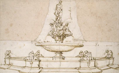 Design for a Fountain (penna och brunt bläck över tecken med svart krita och stilusens intryckningar på vitt papper)